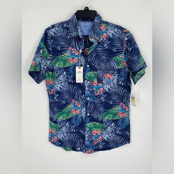 Izod Casual Blue Green Button Down Short Sleeve Shirt Relaxed Classic Dockside M - Picture 1 of 4